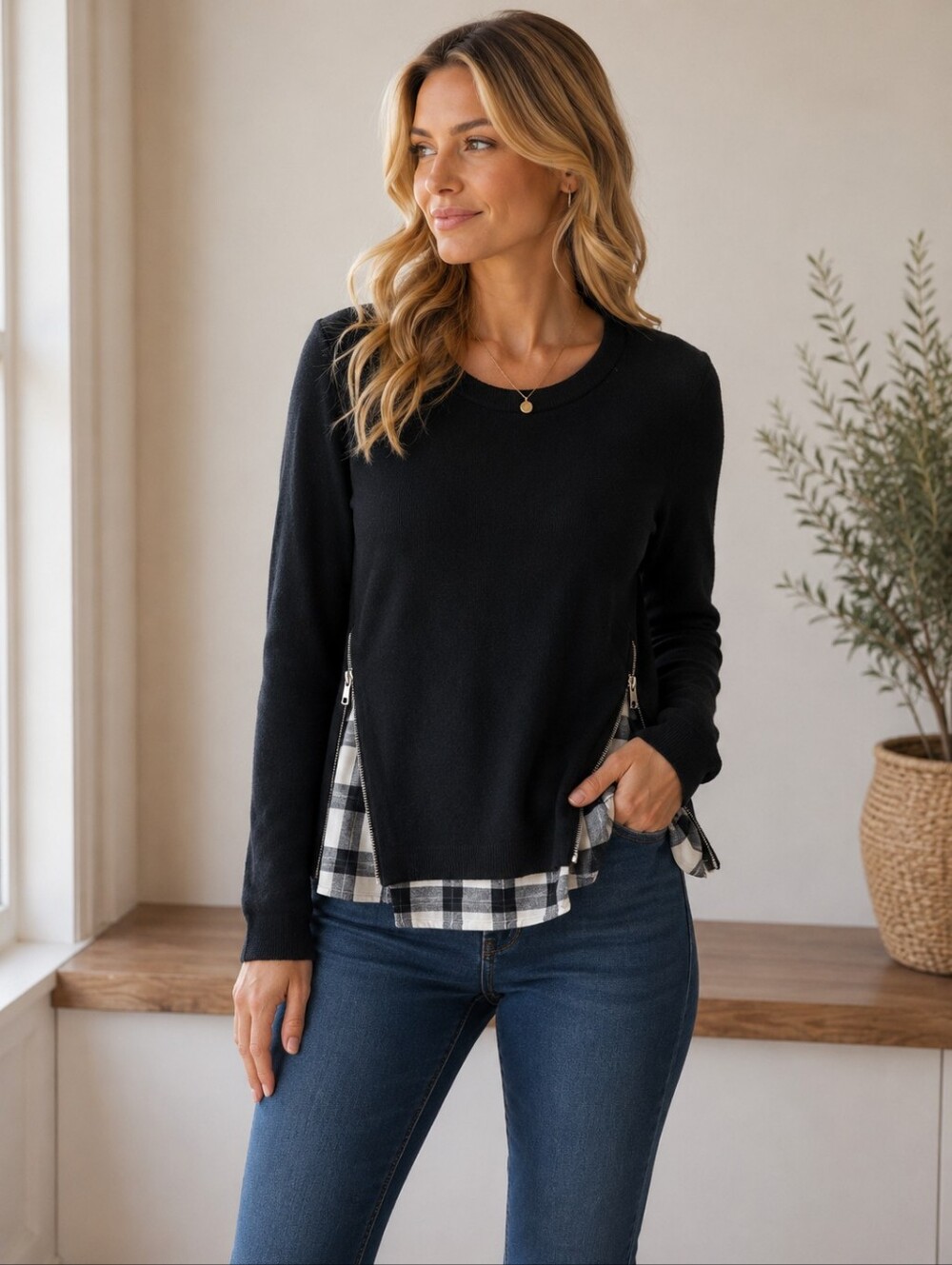💙 Doe & Rae - Black Long Sleeve Sweater with Plaid Trim